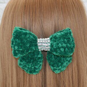 HAND CRAFTED Hair Bow Kids Crochet Chenille Velvet Hair Barrette Oversized Green